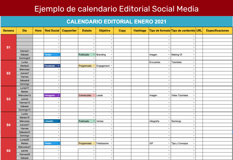 plantilla calendario editorial de redes sociales